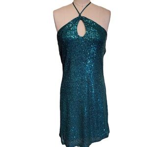 Sos cocktail turquoise sequins mini halter dress wedding party mod 70s 60s disco
